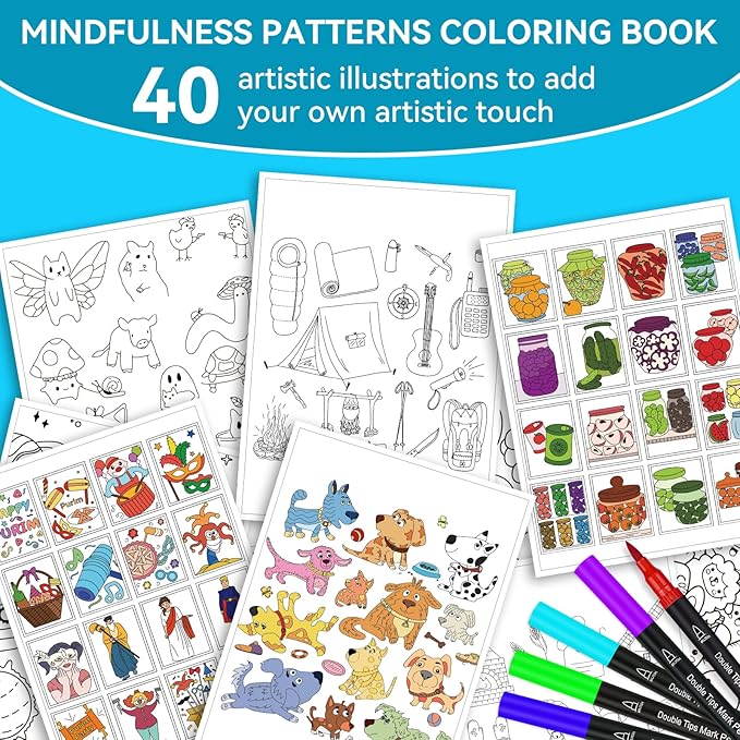 Adult Coloring Book Set- for Adults Relaxation with 36 Dual-Tip Markers in a Case, Anxiety Relief Patterns Included Mandala Animal Flowers and Other Themes,Perfect Stress-Relieving Gift for Women
