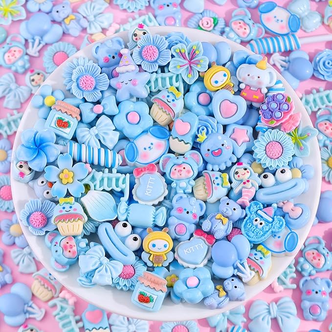 100PCS Blue Slime Charms Cute Flatback Resin Charms for Slime, Random Kawaii Decoden Charm for Embellishments Phone Junk Case Charms Bulk, Hairpins Scrapbooking Crafting & DIY Decoration
