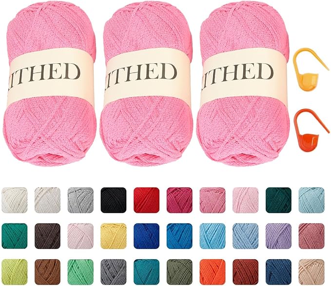 Cotton Chainette Yarn,4 Medium (Worsted)-10oz,3 Pack,Knitting Yarn for Beginners,Thicker for Crocheting and Knitting (07 Pink)