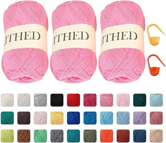 Cotton Chainette Yarn,4 Medium (Worsted)-10oz,3 Pack,Knitting Yarn for Beginners,Thicker for Crocheting and Knitting (07 Pink)