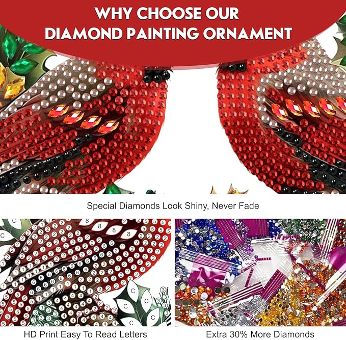 Hanging Diamond Art Kit for Adult, Cute Christmas Red Cardinals, 5D Special Shaped Rhinestone Diamond Painting Ornament, Cardinals, DIY Acrylic Diamond Art Painting Window Pendants Home Garden Decor