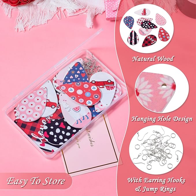 Beadthoven Wood Earrings Making Kit Teardrop Wood Big Pendants Colorful Wooden Charms with Heart Flower Printed Earring Hooks Jump Rings for Women Earring Jeweley Making Valentine’s Day