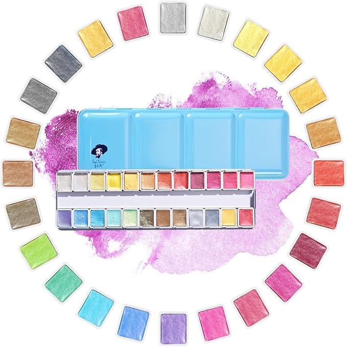 Paul Rubens Professional Metallic Watercolor Paints Set, Pearl Paint, Portable Metal Case with Palette, Set of 24 Half Pans, Art Supplies for Artists, Beginners, Hobbyists, Students