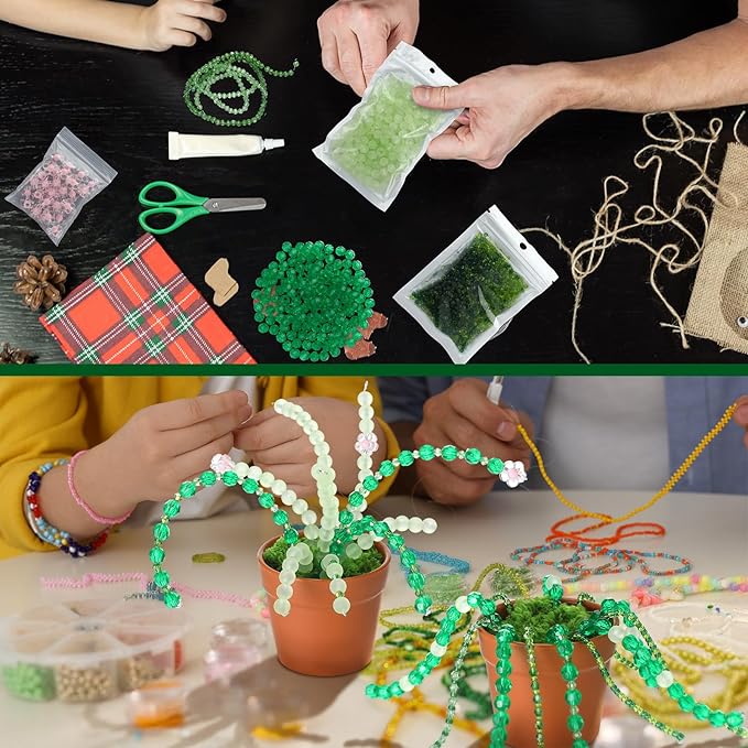 Hoolerry 2 Sets DIY Beaded Plant Kits 2.5 Inch Mini Beads and Planter Making Kit Crafts Desktop Vase Decor Green Beads Succulent Flower Kit Ornaments for Home Decor Plants Lover Handmade Gifts (Brown)