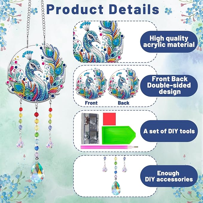 Arts and Crafts for Girls Ages 6-12, DIY Diamond Painting Kits for Kids Teens Adults, Birthday Gifts for 6 7 8 9 10 11 12 Year Old Girls, Peacock Butterfly Feather Wind Chimes for Home Garden Decor