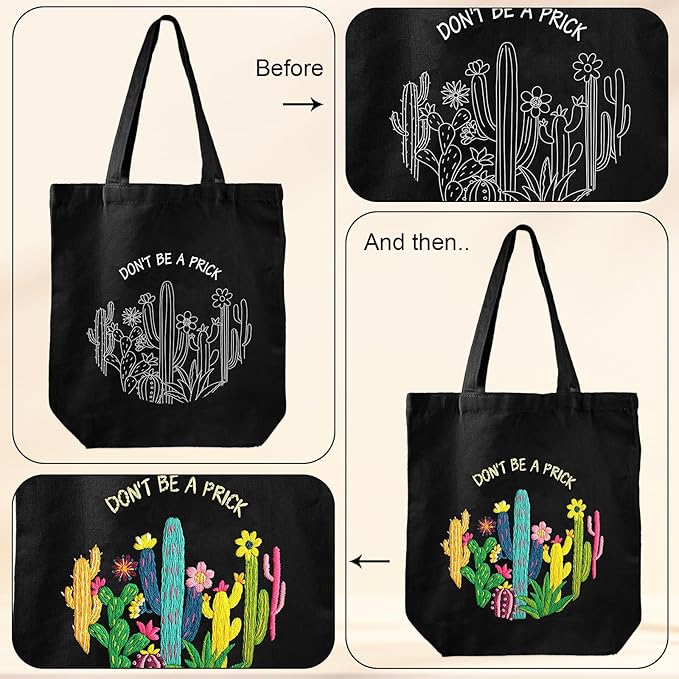 Louise Maelys Cactus Embroidery Kit Canvas Tote Bag for Beginners,Cross Stitch Kits for Adults,DIY Funny Plant Flowers Pattern,Women Shopping Reusable Grocery Bags