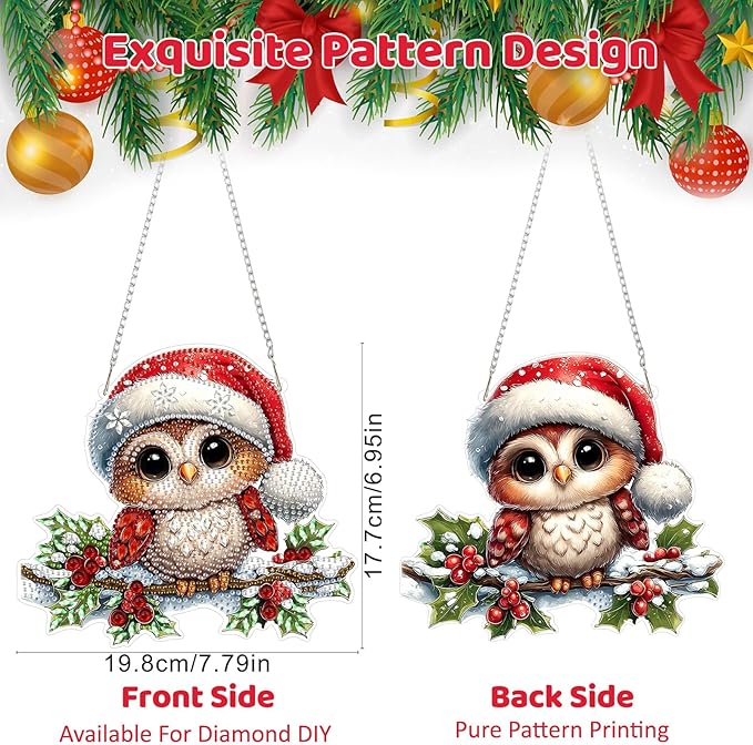 MEIYUDA Christmas Owl Diamond Art Hanging Kits for Adult, Cute Winter Owl Diamond Painting Hanging Kits Ornaments, DIY Special Shaped Rhinestone Window Pendants kit for Home Garden Wall Decor Gift