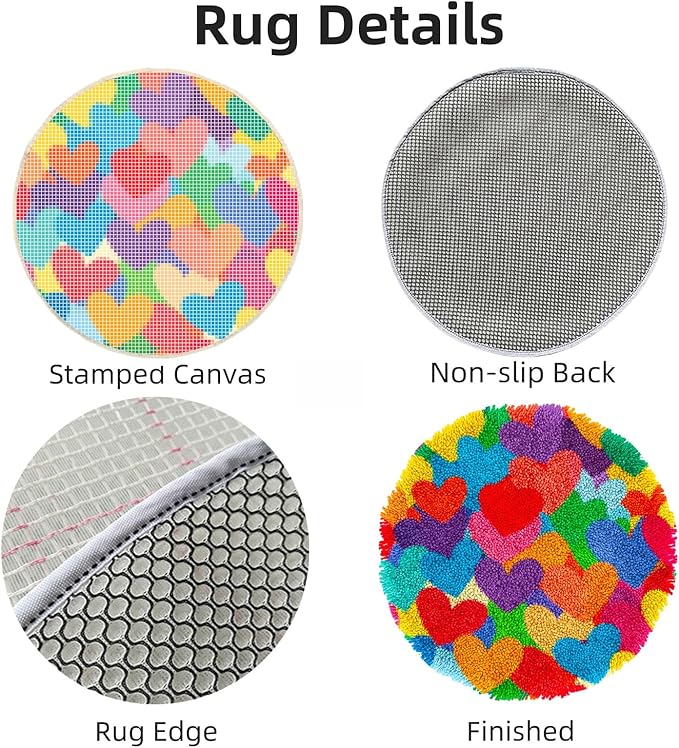 Latch Hook Rug Kit Rainbow Heart-Shapes Stamped Handmade Round Shape Carpet Crochet Yarn Craft DIY Hook and Latch Door Mat Tapestry Christmas Home Floor Decor 20x20in-5