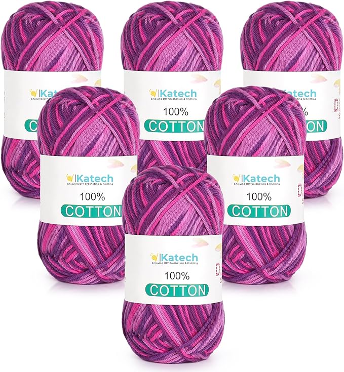 Katech Pure Cotton Yarn for Crocheting & Knitting–Soft Sport Weight CYC #2, 6 Skeins (50g Each, 300g Total), Ideal Crochet Yarn for Dishcloths, Baby Clothes, Socks, Lightweight Scarves（Berry Sunset）