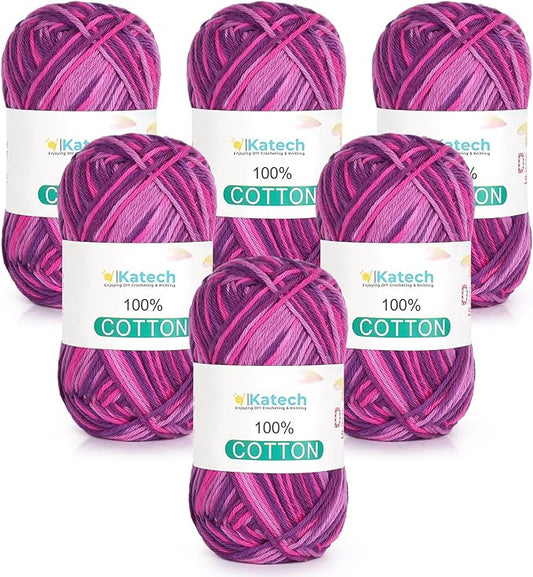 Katech Pure Cotton Yarn for Crocheting & Knitting–Soft Sport Weight CYC #2, 6 Skeins (50g Each, 300g Total), Ideal Crochet Yarn for Dishcloths, Baby Clothes, Socks, Lightweight Scarves（Berry Sunset）