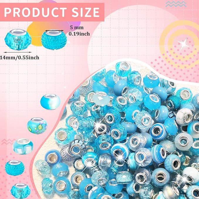 Large Hole European Beads for Pens - 100 Pieces Assorted Lake Blue Fairy Wand Garden Lampwork Craft Spacer Beads for DIY Bracelet Necklace Decoration Jewelry Making Supplies