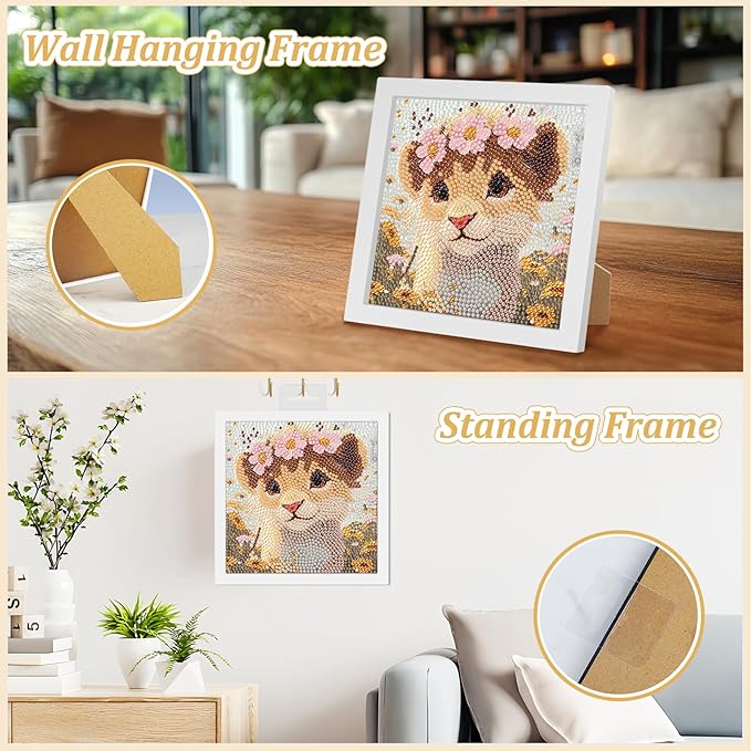 SENQAO Lion Diamond Art Kit for Adults with Frame Art and Crafts for Adults Ages 6-8 -10-12 Easy to DIY Diamond Art for Adults and Adult Beginners Home Wall Decoration 7.1x7.1inch