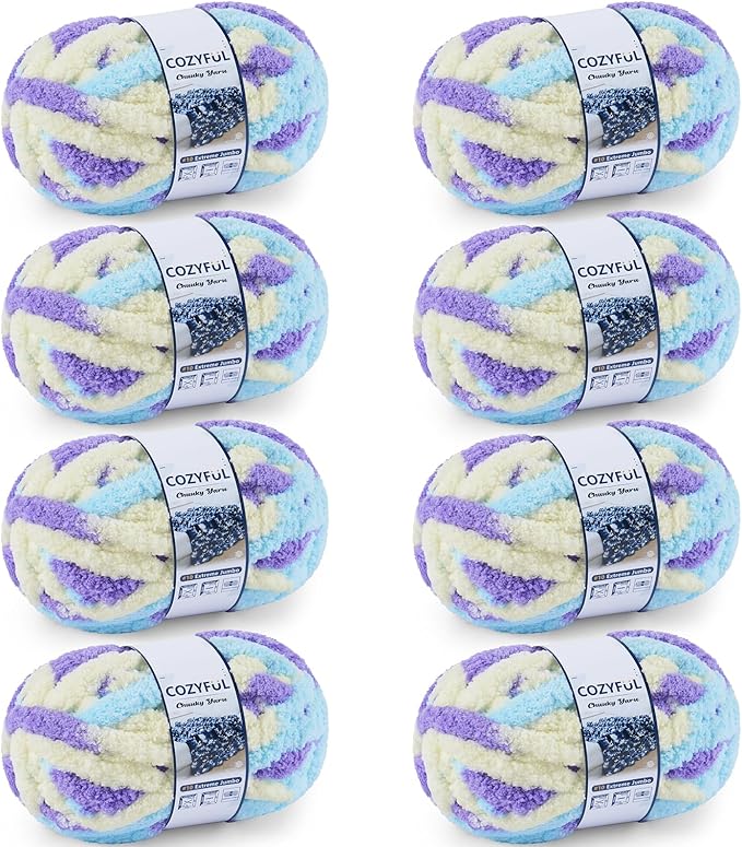 Chunky Yarn for Hand Knitting - #10 Chunky Chenille Blanket Yarn, Jumbo Big Thick Chunky Yarns for Crocheting, Tie Dye Bulky Knit Yarns, 8 Skein (25 yds 8 oz Each Skein), Purple&Yellow&Blue