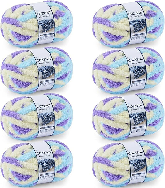 Chunky Yarn for Hand Knitting - #10 Chunky Chenille Blanket Yarn, Jumbo Big Thick Chunky Yarns for Crocheting, Tie Dye Bulky Knit Yarns, 8 Skein (25 yds 8 oz Each Skein), Purple&Yellow&Blue