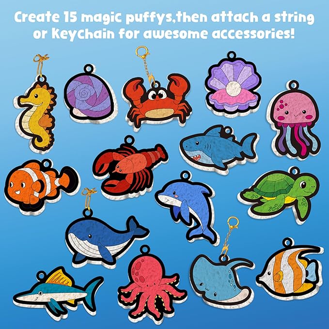 MZYTOZA Magic Foam Texture Painting Kit - 3D Art Craft Aqua Magic Puffs Paint Kit, 15 Mess-Free Paint by Number Craft for Kids（Marine Animals