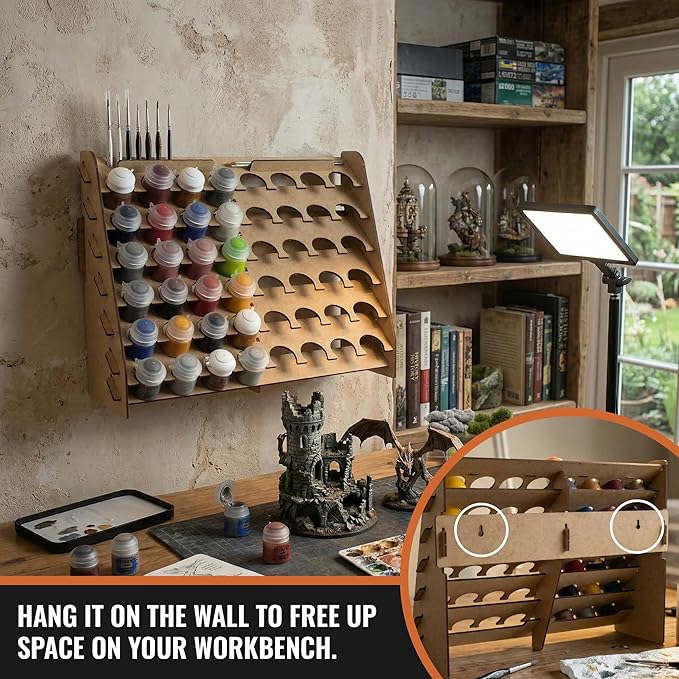 Wall Paint Rack Organizer for Miniatures & Modeling, Vertical Paint Stand with 33mm Pot Holes + Top Brush/Tool Holder, Compatible with Citadel (33mm)