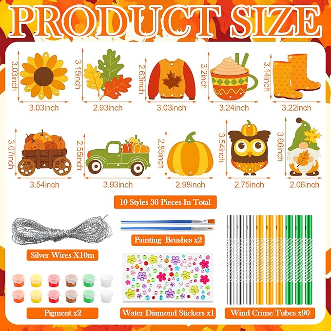 JellyArch 30 Pack Thanksgiving Day Fall Wind Chime Making Kit for Adults Make Your Own Wind Chime Harvest Maple Leaf Wooden Ornaments for DIY Activity Birthday Decoration