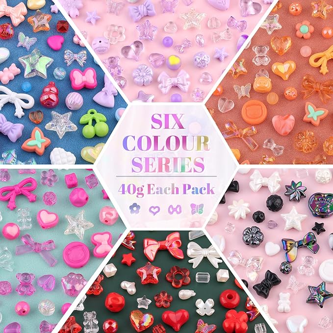 400-450PCS TINKRSTUFF Assorted Acrylic Beads, 6 Mixed Colors Cute Beads for Bracelet Making, Bow Flower GummyBear Kawaii Charms, Aesthetic Beadfor Necklace Keychain Jewelry Making DIY Phone Charm