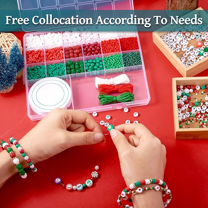 FASHEWELRY Christmas Beads Bracelet Making Kit, 18 Style Christmas Crystal Beads Red Green Clay Beads Acrylic Pony Beads Letter Beads with Elastic Cord for Xmas Jewelry Making Supplies