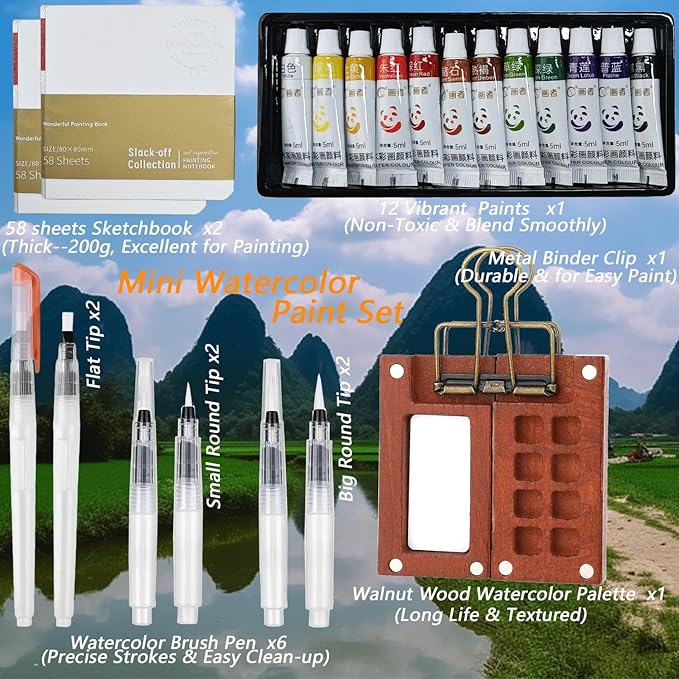 Pocket Artist Watercolor Travel Set, with 1 Walnut Wood Portable Palette (8 Grids), 12 Vibrant Paints, 2 Sketch Books, 6 Brush Pens, Mini Watercolor Paint Set for Artists, Outdoor or Urban Sketchers