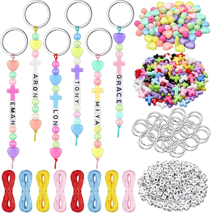 Landical 564 Pcs DIY Bead Keychain Kit Key Chain Making Craft Adjustable Letter Beads String Mama Gift Alphabet Bead Jewelry Key Ring Backpack Accessories for Party Favor(Cross,Cream Color)