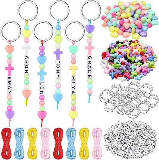 Landical 564 Pcs DIY Bead Keychain Kit Key Chain Making Craft Adjustable Letter Beads String Mama Gift Alphabet Bead Jewelry Key Ring Backpack Accessories for Party Favor(Cross,Cream Color)