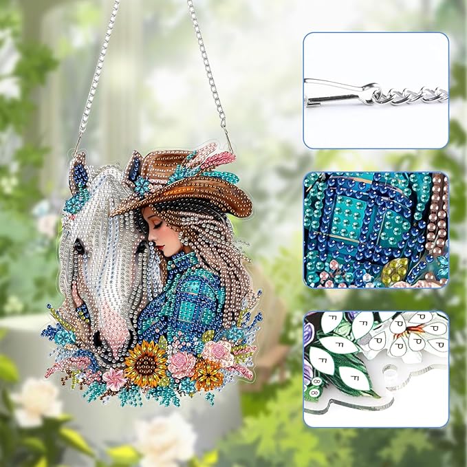 Lxmsja DIY Cowboy Girl Diamond Painting Hanging Ornament, Double-Sided Acrylic White Horse Diamond Art Kit, Special Shaped Suncatcher Hanging Pendant Window Art Kit