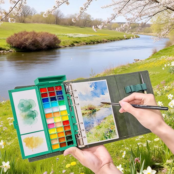 Travel Watercolor Sketchbook Set - 100% Cotton Cold Press 6.7x3.9 Inch Binder Art Journal with 36-Well Ceramic Paint Palette & 2 Travel Watercolor Brushes for Artists Outdoor Painting
