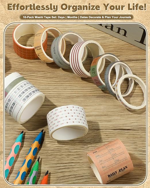 EORTA 10 Rolls Retro Calendar Washi Tapes, 5 Sizes Self-Adhesive Decorative Sticker for Daily Weekly Monthly Planner, Scrapbook, Journal & Bible Journaling, Dotted/Striped Craft Gift Wrap Tape