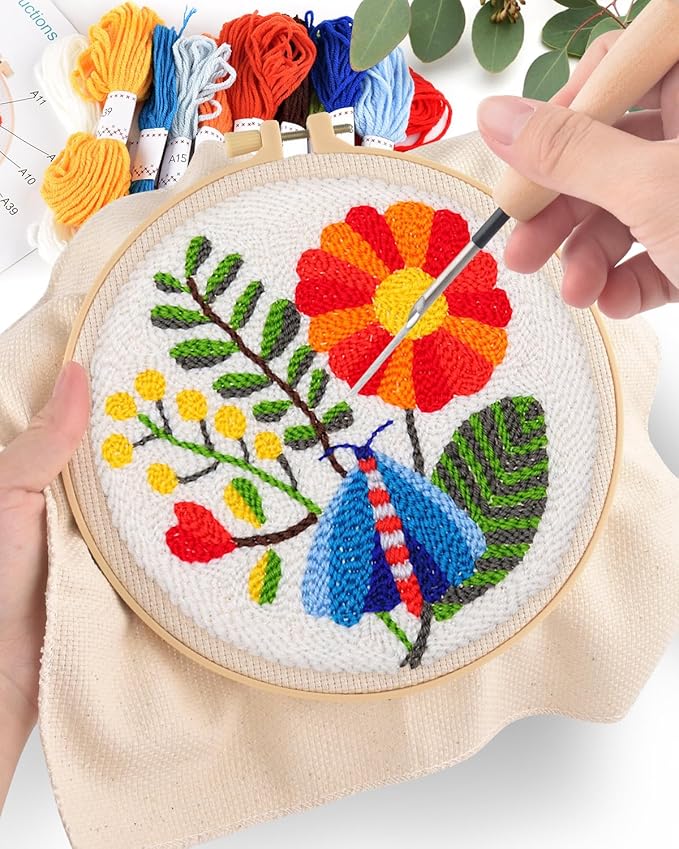 ERKOON Punch Needle Kit Adults Beginners, 2 Pcs DIY Easy Flower Embroidery Set for Starter Art Craft, Needling Punching Project with Patterns, Tools, Yarns, Hoop, Instruction (Safflower)