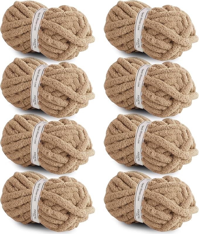 8 Jumbo Packs Chunky Chenille Yarn for Crocheting, 31.7 yds, 8 oz Each Skein Bulky Thick Fluffy Yarn for Knitting, Super Bulky Chunky Yarn for Hand Knitting Blanket, Soft Plush Yarn - Khaki
