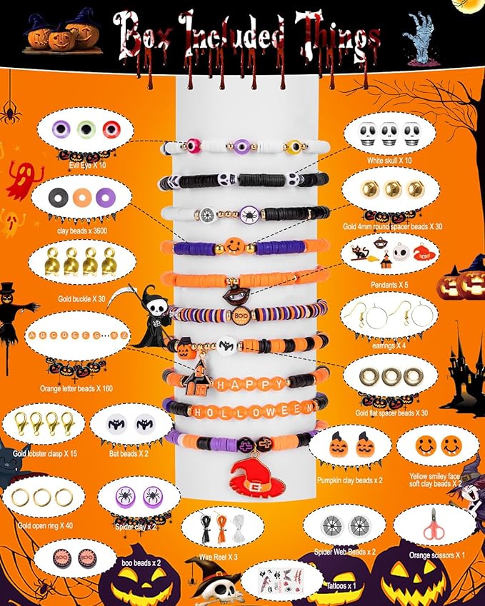 Goldwise Halloween Jewelry Making Bead Kit – 2 Storage Boxes with Clay Beads, Orange A–Z Letter Beads and Halloween Charms, DIY Bracelet & Jewelry Making Supplies