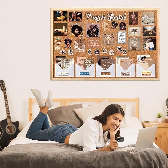 Black Women Prayer Board Kit - Vemfare 162 Pcs Prayer Board Stickers Supplies with Pins Envelope Bible Verse Quotes Cards, Motivational Scrapbook Stickers, Bible Study Supplies (Not Including Board)