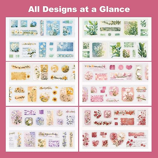 6 Rolls Floral Pre-Cut PET Sticker Tape Set, 1.97in x 78.7in Each, Vintage Botanicals & Script for Scrapbook Journals, Planners, DIY Décor