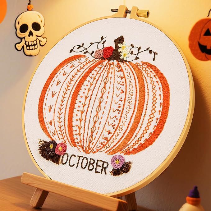 Easy Beginners Embroidery Stitches Practice Kits for Adults, Fall Pumpkin Embroidery Starters Kits for Beginners to Learn 26 Stitches, Autumn Hand Embroidery Set Craft for Women & Video Tutorial