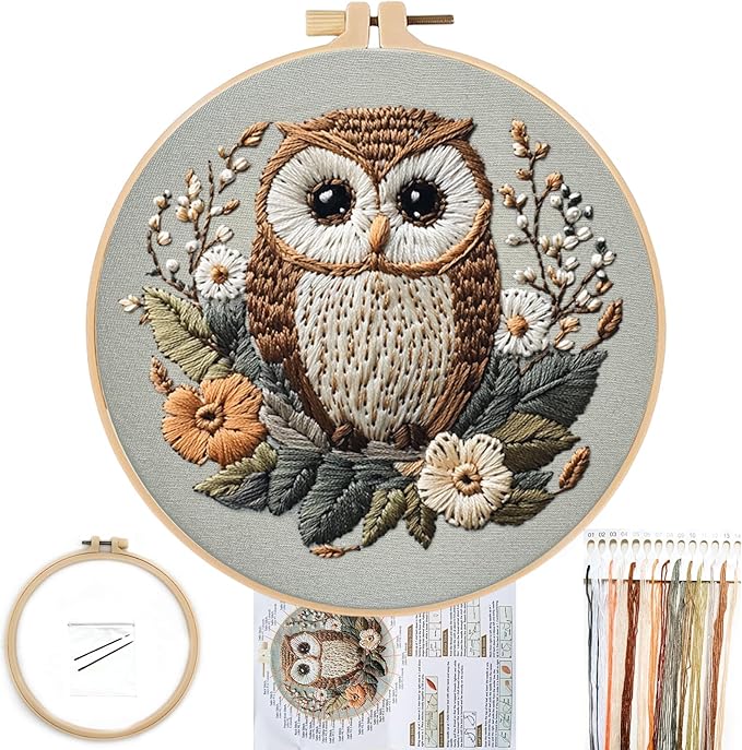 FONNUY Embroidery Kit for Beginners, Owl Flowers Pre-Stamped Pattern Kits for Adults with Hoop, Easy to Follow Color Thread Needlework, 8'' Hoop (Brown)