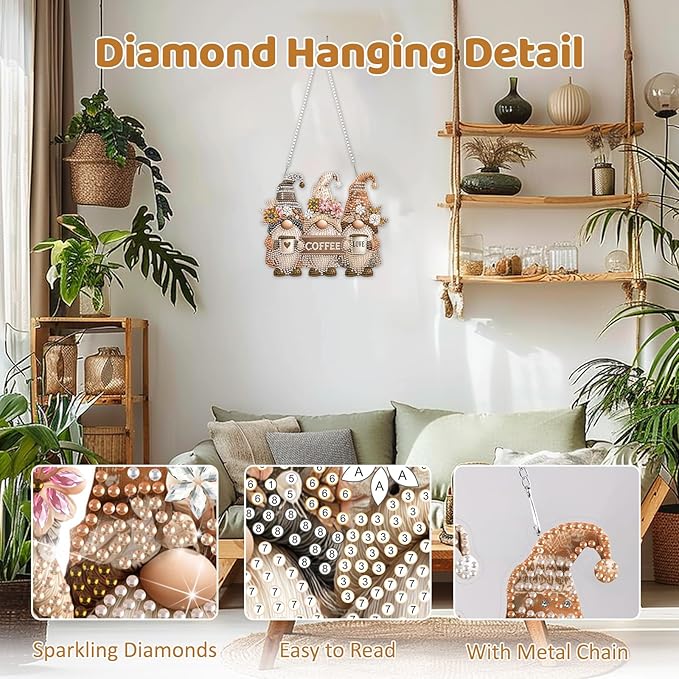 MEIYUDA Gnomes Diamond Art Hanging Kits for Adult, Coffee Gnomes Diamond Painting Hanging Kits Ornaments, DIY Special Shaped Rhinestone Window Pendants kit for Home Garden Wall Decor Gift