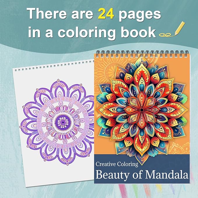 CKMOREL Spiral Bound Adult Coloring Book, Mandala Coloring Book for Adults, Thick Paper, 24 Pages, Single-Sided, Mindfulness Gift for Women