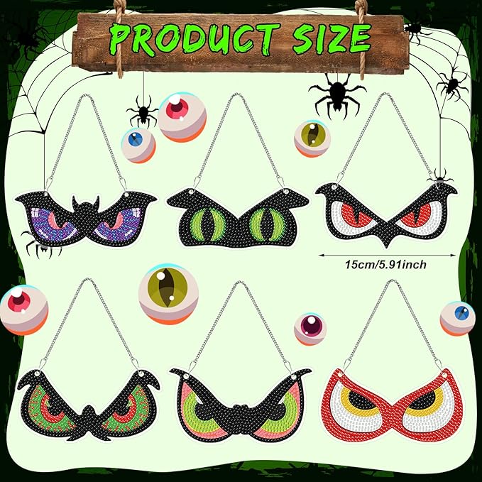 Chiisong 6 Pcs Halloween Diamond Art Painting Kit Hanging Sign Set Flashing Spooky Eyes Glow in The Dark Diamond Art Painting Kits Halloween Hanger Adult 5d DIY Craft for Wall Door Window Porch Decor
