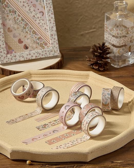 YUBX Boho Washi Tape Set 10 Rolls Cute Masking Graphic Floral Pattern Decorative Tapes for Arts, DIY Crafts, Journals, Planners, Scrapbook, Wrapping (Warm)