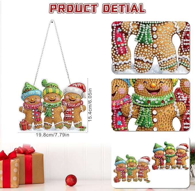 KEYIFA Diamond Painting Kit, DIY Gingerbread Man Diamond Art Hanging for Adults Beginner, Gem Arts Pendant Special Shaped Rhinestone Window Ornaments Wall Door Garden Decoration Gift, Double Sided