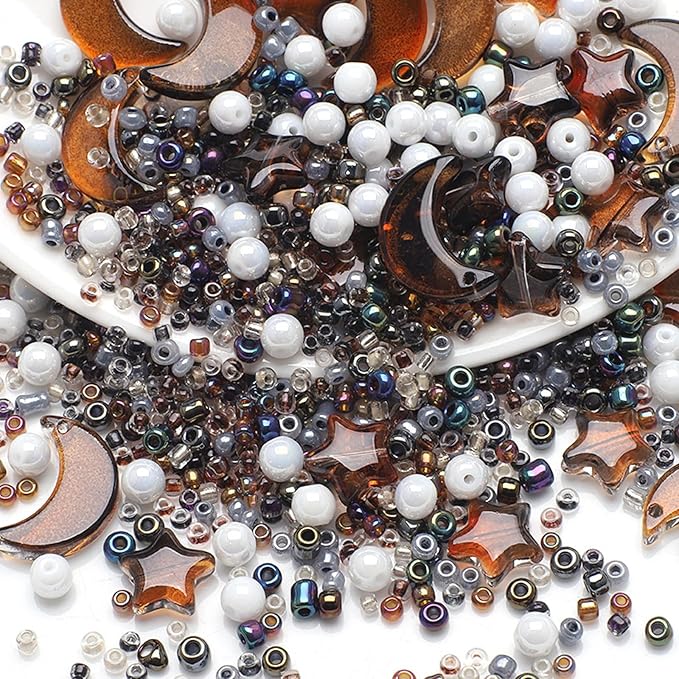 Mixed Star Moon Crystal Glass Beads Seedbeads Loose Round Pearl Beads for Jewelry Making Craft Bracelets Necklaces Earrings DIY Crafts Projects Coffee Glass Spacer Bead Kits for Crafts