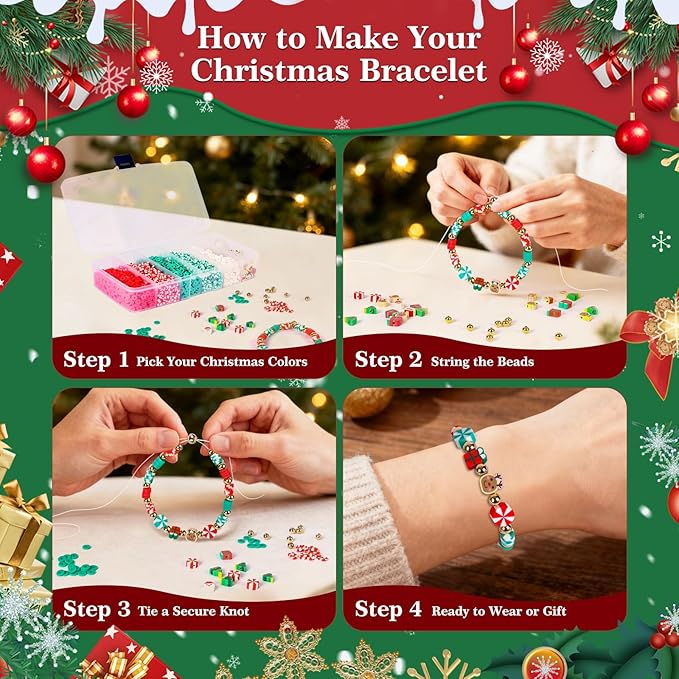 Clay Beads Christmas Bracelet Making Kit – 5000PCS Premium Red Green White Heishi Beads Set with 30 Xmas Charms, Gold Spacers and Elastic Cord for DIY Holiday Jewelry Crafts & Festive Gifts