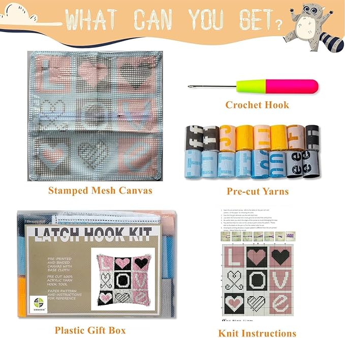 EMISTEM Latch Hook Kits for Adults - Latch Hook Pillow Kits, Crochet Yarn Kit for Beginners, DIY Needlework Crafts Cover Case with Printed Canvas, Gift Packaging. (Love Words,17x17 inch)