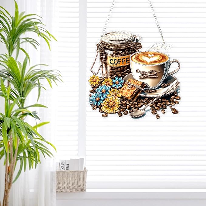 Lxmsja DIY Coffee Beans Diamond Painting Hanging Ornament, Double-Sided Acrylic Flowers Diamond Art Kit, Special Shaped Drill Pendant Window Art Kit, Suncatcher Hanging Craft Decoration 8x8 inch