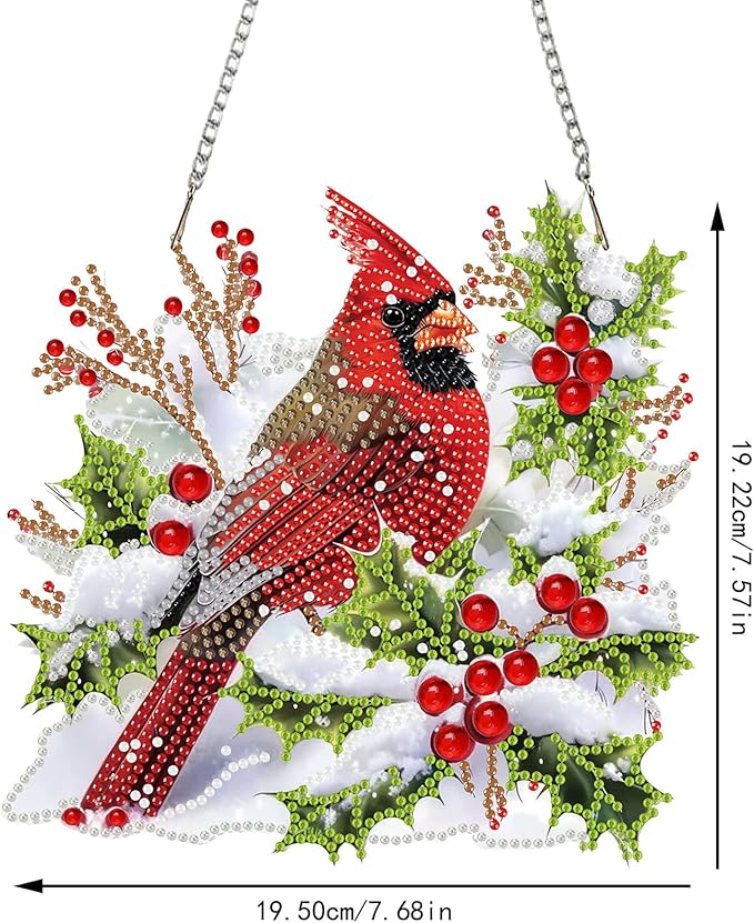 SENQAO Christmas Diamond Art Hanging Kits for Adults, Christmas Snow Cardinal Diamond Art Suncatchers, 5D Special Shape Diamond Painting Pendant Window Ornament Gifts for Home Door Wall Decor