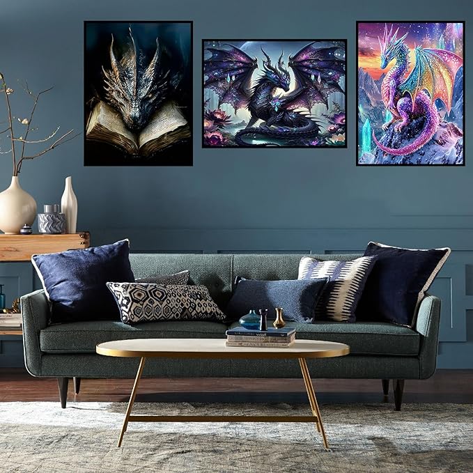 Meothan 3 Pack Diamond Art Kits for Adults, Dragon Diamond Painting Kits for Adults, 5D DIY Round Drill Gem Art Paint with Diamonds Dots Crafts Kits for Home Decor Gift 12x16inch