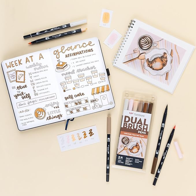 Tombow 56241 Dual Brush Pen Art Markers, Coffee Break, 6-Pack, Water-Based Ink, for Hand Lettering, Watercolor, Fine Art