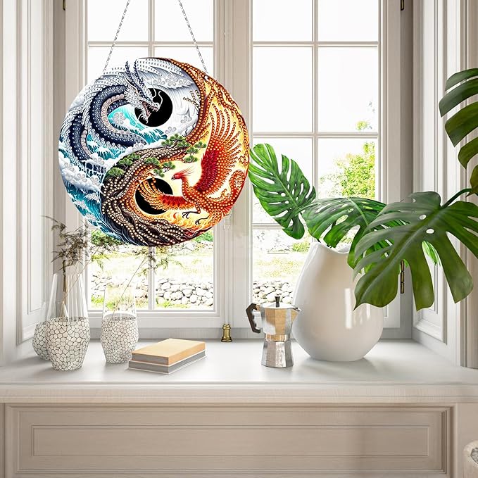 Generic DIY Hanging Diamond Pendant Special Shaped Crystal Diamond Art Painting Ornament Single Sided for Window Home Garden Wall Door Decor-Dragon & Phoenix