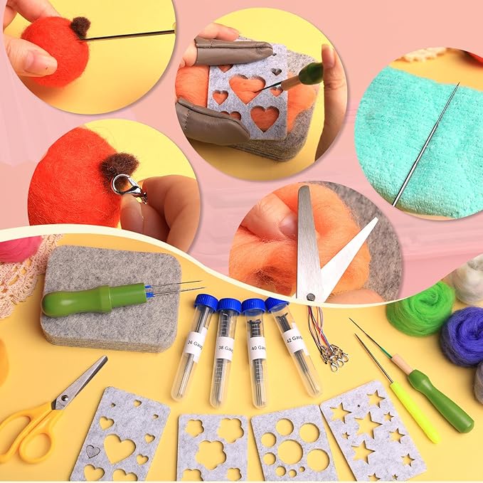 JUPEAN 221 Pcs Needle Felting Kit Needle Felting Starter Kit Needle Felting Supplies Including 43 Color Wool Roving Felting Molds Foam Mat and 4 Sizes Felting Needles for DIY Craft Project